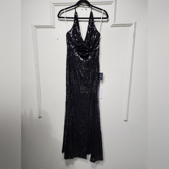 Lulus Pretty Sensational Black Sequin Rosette Halter Maxi Dress S Wedding Party - Picture 6 of 11